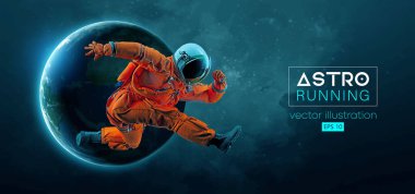 Uzay harekatında koşan bir astronotun soyut silueti ve Dünya, Mars, uzayın arka planındaki gezegenler. Koşucu koşuyor ya da maraton koşuyor. Vektör illüstrasyonu