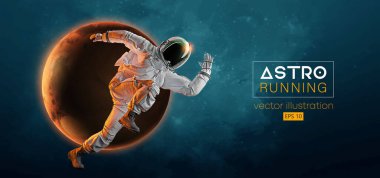 Uzay harekatında koşan bir astronotun soyut silueti ve Dünya, Mars, uzayın arka planındaki gezegenler. Koşucu koşuyor ya da maraton koşuyor. Vektör illüstrasyonu