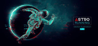 Uzay harekatında koşan bir astronotun soyut silueti ve Dünya, Mars, uzayın arka planındaki gezegenler. Koşucu koşuyor ya da maraton koşuyor. Vektör illüstrasyonu