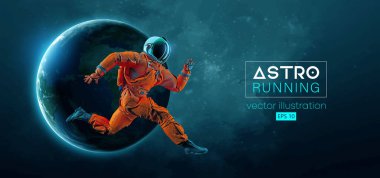 Uzay harekatında koşan bir astronotun soyut silueti ve Dünya, Mars, uzayın arka planındaki gezegenler. Koşucu koşuyor ya da maraton koşuyor. Vektör illüstrasyonu
