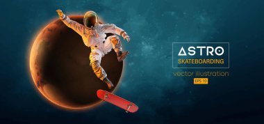 Bir kaykaycı astronotun soyut silueti uzay harekatında ve Dünya, Mars, uzayın arka planında gezegenler.. Kaykaycı adam bir numara yapıyor. Vektör 3d görüntüleme