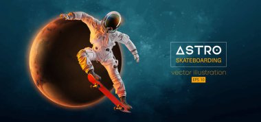 Bir kaykaycı astronotun soyut silueti uzay harekatında ve Dünya, Mars, uzayın arka planında gezegenler.. Kaykaycı adam bir numara yapıyor. Vektör 3d görüntüleme