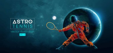 Uzay harekatındaki bir tenis oyuncusu astronotunun soyut silueti ve Dünya, Mars, uzayın arka planındaki gezegenler. Raketli bir tenisçi topa vuruyor. Vektör 3d görüntüleme