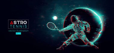 Uzay harekatındaki bir tenis oyuncusu astronotunun soyut silueti ve Dünya, Mars, uzayın arka planındaki gezegenler. Raketli bir tenisçi topa vuruyor. Vektör 3d görüntüleme