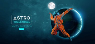 Uzay harekatındaki voleybol oyuncusu astronotun soyut silueti ve Dünya, Mars, uzayın arka planındaki gezegenler. Voleybol oyuncusu astronot topa vuruyor. Vektör 3d görüntüleme