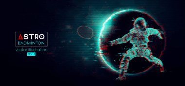 Uzay harekatındaki badminton oyuncusu bir astronotun soyut silueti ve Dünya, Mars, uzayın arka planındaki gezegenler. Badminton oyuncusu servis horozunu vuruyor. Vektör 3d görüntüleme