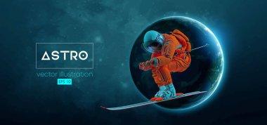 Uzay harekatında kayak yapan bir astronotun soyut silueti ve Dünya, Mars, uzayın arka planındaki gezegenler. Kayakçı bir numara yapıyor. Oyma Vektörü 3d çizim çizimi