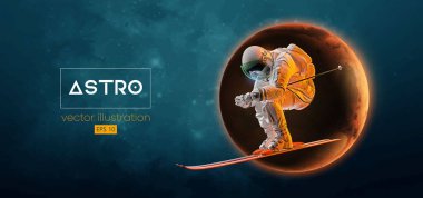 Uzay harekatında kayak yapan bir astronotun soyut silueti ve Dünya, Mars, uzayın arka planındaki gezegenler. Kayakçı bir numara yapıyor. Oyma Vektörü 3d çizim çizimi