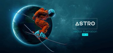 Uzay harekatında kayak yapan bir astronotun soyut silueti ve Dünya, Mars, uzayın arka planındaki gezegenler. Kayakçı bir numara yapıyor. Oyma Vektörü 3d çizim çizimi