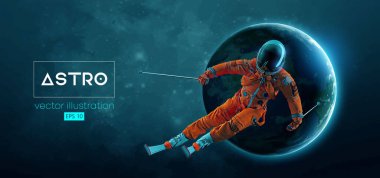 Uzay harekatında kayak yapan bir astronotun soyut silueti ve Dünya, Mars, uzayın arka planındaki gezegenler. Kayakçı bir numara yapıyor. Oyma Vektörü 3d çizim çizimi