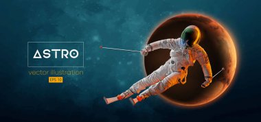 Uzay harekatında kayak yapan bir astronotun soyut silueti ve Dünya, Mars, uzayın arka planındaki gezegenler. Kayakçı bir numara yapıyor. Oyma Vektörü 3d çizim çizimi