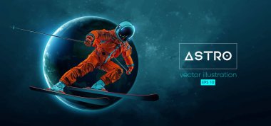 Uzay harekatında kayak yapan bir astronotun soyut silueti ve Dünya, Mars, uzayın arka planındaki gezegenler. Kayakçı bir numara yapıyor. Oyma Vektörü 3d çizim çizimi