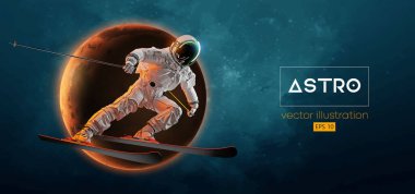 Uzay harekatında kayak yapan bir astronotun soyut silueti ve Dünya, Mars, uzayın arka planındaki gezegenler. Kayakçı bir numara yapıyor. Oyma Vektörü 3d çizim çizimi