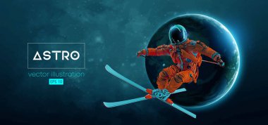 Uzay harekatında kayak yapan bir astronotun soyut silueti ve Dünya, Mars, uzayın arka planındaki gezegenler. Kayakçı bir numara yapıyor. Oyma Vektörü 3d çizim çizimi