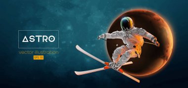 Uzay harekatında kayak yapan bir astronotun soyut silueti ve Dünya, Mars, uzayın arka planındaki gezegenler. Kayakçı bir numara yapıyor. Oyma Vektörü 3d çizim çizimi