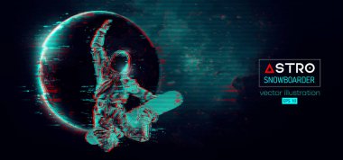 Uzay harekatındaki bir snowboard 'un soyut silueti ve Dünya, Mars, uzayın arka planındaki gezegenler. Snowboardcu bir numara yapıyor. Oyma. Vektör 3d görüntüleme