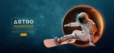 Uzay harekatındaki bir snowboard 'un soyut silueti ve Dünya, Mars, uzayın arka planındaki gezegenler. Snowboardcu bir numara yapıyor. Oyma. Vektör 3d görüntüleme