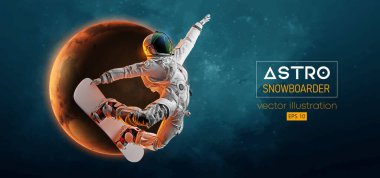 Uzay harekatındaki bir snowboard 'un soyut silueti ve Dünya, Mars, uzayın arka planındaki gezegenler. Snowboardcu bir numara yapıyor. Oyma. Vektör 3d görüntüleme