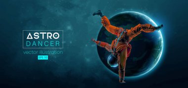 Genç bir hip-hop dansçısının soyut silueti, uzay harekatında fren dansı yapan astronot ve Dünya, Mars, arka plandaki gezegenler. Vektör 3d görüntüleme