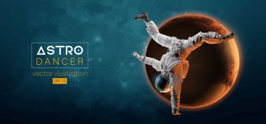 Genç bir hip-hop dansçısının soyut silueti, uzay harekatında fren dansı yapan astronot ve Dünya, Mars, arka plandaki gezegenler. Vektör 3d görüntüleme