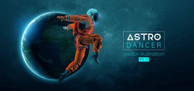 Genç bir hip-hop dansçısının soyut silueti, uzay harekatında fren dansı yapan astronot ve Dünya, Mars, arka plandaki gezegenler. Vektör 3d görüntüleme