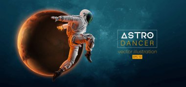 Genç bir hip-hop dansçısının soyut silueti, uzay harekatında fren dansı yapan astronot ve Dünya, Mars, arka plandaki gezegenler. Vektör 3d görüntüleme