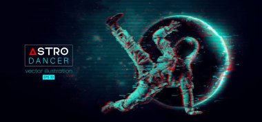 Genç bir hip-hop dansçısının soyut silueti, uzay harekatında fren dansı yapan astronot ve Dünya, Mars, arka plandaki gezegenler. Vektör 3d görüntüleme