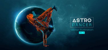 Genç bir hip-hop dansçısının soyut silueti, uzay harekatında fren dansı yapan astronot ve Dünya, Mars, arka plandaki gezegenler. Vektör 3d görüntüleme