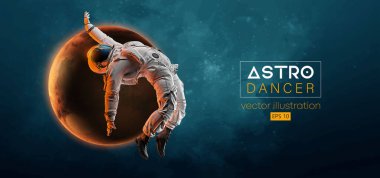 Genç bir hip-hop dansçısının soyut silueti, uzay harekatında fren dansı yapan astronot ve Dünya, Mars, arka plandaki gezegenler. Vektör 3d görüntüleme