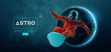 Bir sörfçünün soyut silueti, uzay harekatındaki astronot ve Dünya, Mars, uzayın arka planındaki gezegenler. Vektör 3d görüntüleme