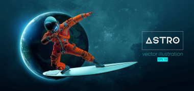 Bir sörfçünün soyut silueti, uzay harekatındaki astronot ve Dünya, Mars, uzayın arka planındaki gezegenler. Vektör 3d görüntüleme