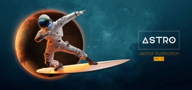 Bir sörfçünün soyut silueti, uzay harekatındaki astronot ve Dünya, Mars, uzayın arka planındaki gezegenler. Vektör 3d görüntüleme