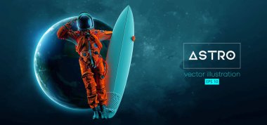 Bir sörfçünün soyut silueti, uzay harekatındaki astronot ve Dünya, Mars, uzayın arka planındaki gezegenler. Vektör 3d görüntüleme
