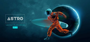 Bir sörfçünün soyut silueti, uzay harekatındaki astronot ve Dünya, Mars, uzayın arka planındaki gezegenler. Vektör 3d görüntüleme