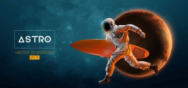 Bir sörfçünün soyut silueti, uzay harekatındaki astronot ve Dünya, Mars, uzayın arka planındaki gezegenler. Vektör 3d görüntüleme