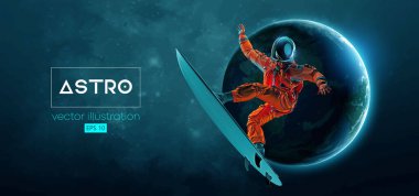 Bir sörfçünün soyut silueti, uzay harekatındaki astronot ve Dünya, Mars, uzayın arka planındaki gezegenler. Vektör 3d görüntüleme