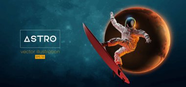 Bir sörfçünün soyut silueti, uzay harekatındaki astronot ve Dünya, Mars, uzayın arka planındaki gezegenler. Vektör 3d görüntüleme