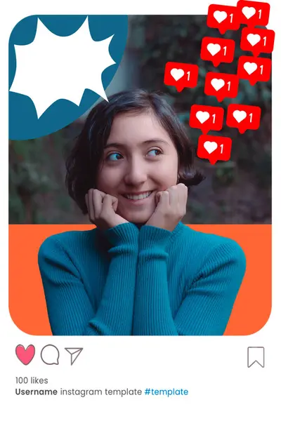 Yaratıcı fotoğraf, genç bir kızın kolaj çizimi, gülümsüyor ve heyecanlı görünüyor çünkü sosyal medya için beğeniliyor. Sosyal ortam penceresi olan arkaplan çizimi, metin için alanı var.