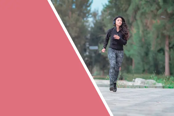Woman running on the path of a park. Active sporty latina female. Morning workout, Healthy lifestyle concept. Athletic sports exercises for athletic people.
