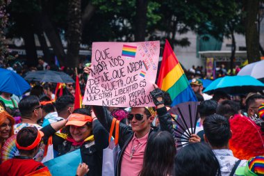 Mexico, Mexico City, 29 Haziran 2024, LGBT + Pride topluluğu Mexico City 'de yürüyüş yapıyor. İspanyol posteri. Çeşitlilik ve eşitliği kutlayan bir gün. Çok renkli kadın ve erkeklerin portresi