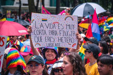 Mexico, Mexico City, 29 Haziran 2024, LGBT + Pride topluluğu Mexico City 'de yürüyüş yapıyor, İspanyol posteri. Çeşitlilik ve eşitliği kutlayan bir gün. Çok renkli kadın ve erkeklerin portresi