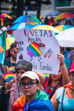 Mexico, Mexico City, 29 Haziran 2024, LGBT + Pride topluluğu Mexico City 'de yürüyüş yapıyor, İspanyol posteri. Çeşitlilik ve eşitliği kutlayan bir gün. Çok renkli kadın ve erkeklerin portresi