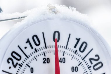 Dışarıdaki termometre donma derecesinin altında, sıfır Celcius derecesi veya eksi 32 Farhenheit gösteriyor. Kış kar günü.