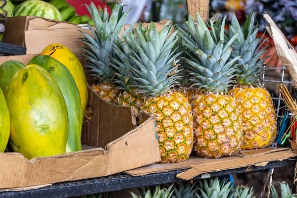 stock image Tropical fruits for sale in a market of Panama. Pineapples, mangos, watermelons and bananas.