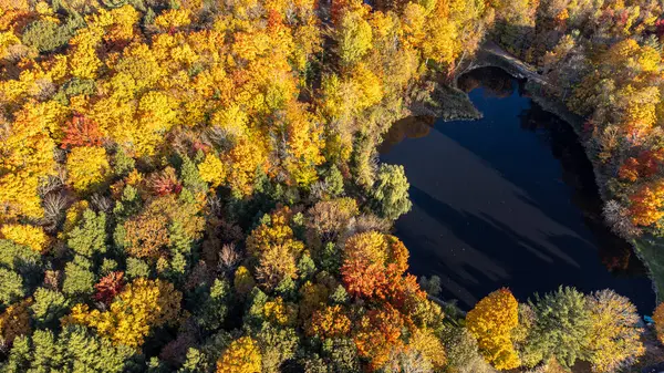 Sonbaharda dağların ve renkli ağaçlarının drone görüntüsü. Fotoğraftaki kalp şeklinde göl. Saint Melanie, Lanaudiere, Quebec, Kanada üzerinden uçuş.