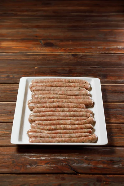 Plate Lot Long Sausages Somebody All Fried Soon Looking Delicious — Stock Photo, Image