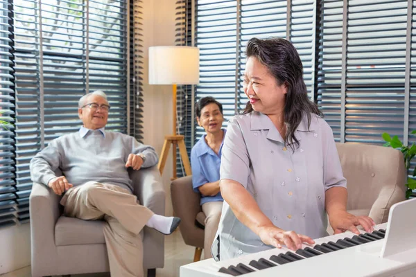Couple Seniors Playing Piano Singing Songs Having Fun Together Happily — Stock Photo, Image
