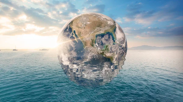 Планета Земля Плаває Над Океаном Глобальне Потепління Концепція Подорожей Елементи — стокове фото