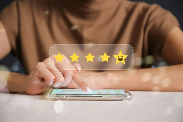 Close Man Hand Pressing Smartphone Screen Gold Five Star Rating — Stock Photo, Image