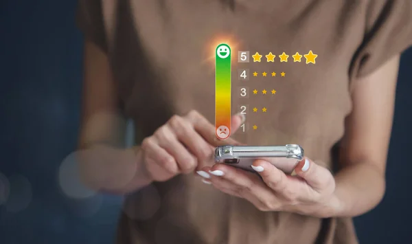 Woman hands holding phone feedback review client, customer positive think, rating five star, smile mental review